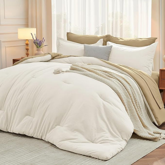 MUXHOMO 7 Pieces Full Comforter Set, Soft Bed in a Bag Full Size, All Season Bedding Set with Comforter, Flat Sheet, Fitted Sheet, Pillowcases & Shams, Ivory & Khaki