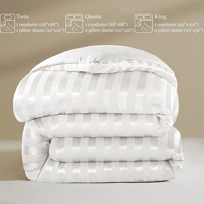 Whale Flotilla 3-Piece Reversible Silky Soft King Size Comforter Set, Luxury Stripe Satin Oversized Comforter Bedding Set with 2 Satin Pillowcases, Lightweight Duvet for All Seasons, White