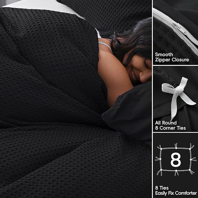 David's Home Waffle Weave Duvet Cover Set King Size,Soft Breathable 3pcs Comforter Cover Set with 2 Pillowcases,Textured Home Decor Bedding Set Cozy for All Seasons, Black 104"×90",No Comforter