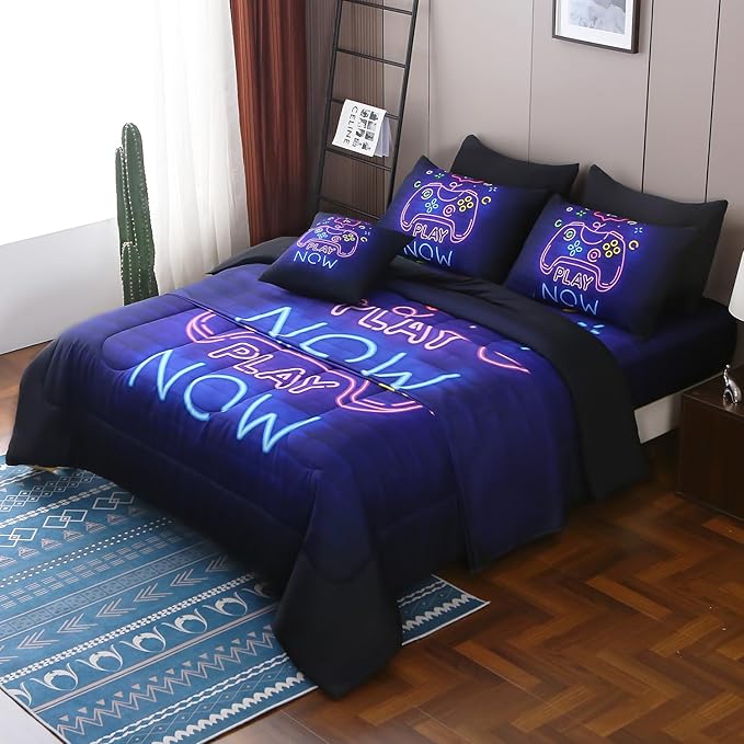 JQinHome Twin Gamer Comforter Set 6 Piece Bed in A Bag for Boys,3D Neon Light Up Design for Classic Console -All Season Soft Microfiber Down Alternative Comforter Gamer Bedding Sets for Kids (Purple)