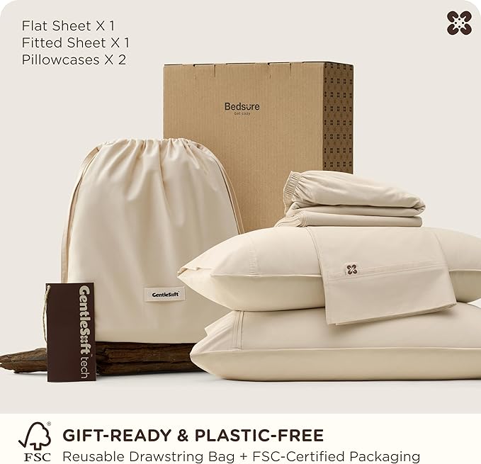 Bedsure Cooling Sheets, Rayon Derived from Bamboo & Cotton Blend, GentleSoft, Breathable, King Size Sheets Set, Deep Pocket Up to 18 Inches, Hotel Luxury Bedding for Hot Sleepers, Beige
