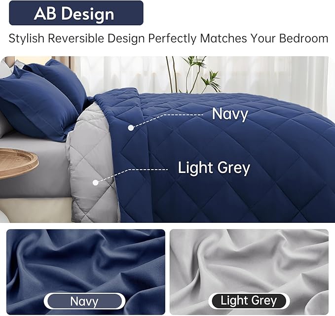 MUXHOMO 7 Pieces Oversized Queen Comforter Set, Reversible Bed in a Bag Oversized Queen Size, All Season Bedding Set with Comforter, Flat Sheet, Fitted Sheet, Pillowcases & Shams, Navy & Light Grey