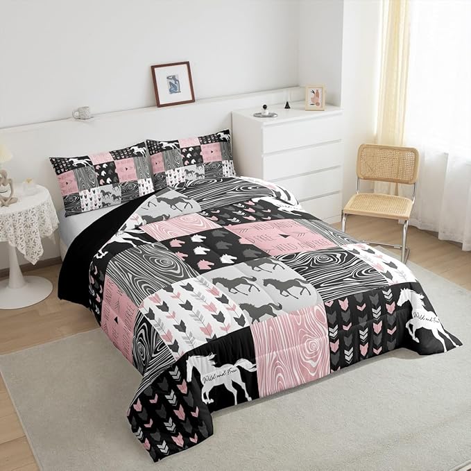 Girls Unicorn Comforter Queen Girly White Horse Bedding Western Cowboy Cowgirls Quilt Patchwork Buffalo Plaid Duvet Insert Arrow Stripes Wild Animal Soft Down Comforter 3Pcs Bedroom Decor,Pink Black