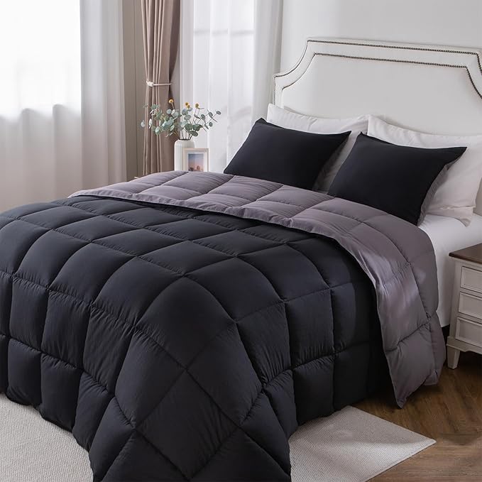 KASENTEX Twin/Twin XL Comforter Set – Reversible Dual Color – Goose Down Alternative – Ultra-Soft, Lightweight, Machine Washable, Maintain Fluffiness, All Season Warmth (Jet Black/Tornado)