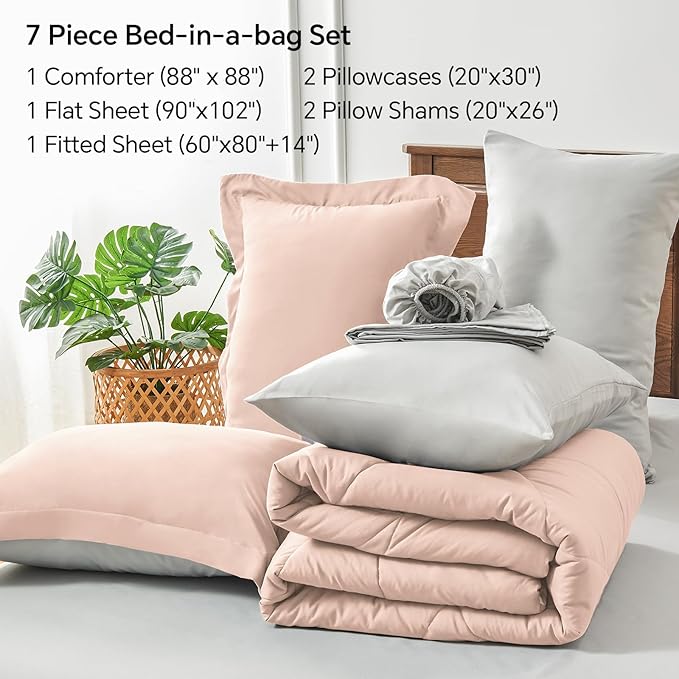 BEDELITE Queen Comforter Set 7 Pieces Bed in A Bag - Soft Microfiber Reversible Dusty Pink Bed Set with Comforters, Sheets, Pillowcases & Shams, Cozy Luxury Bedding Sets for All Season