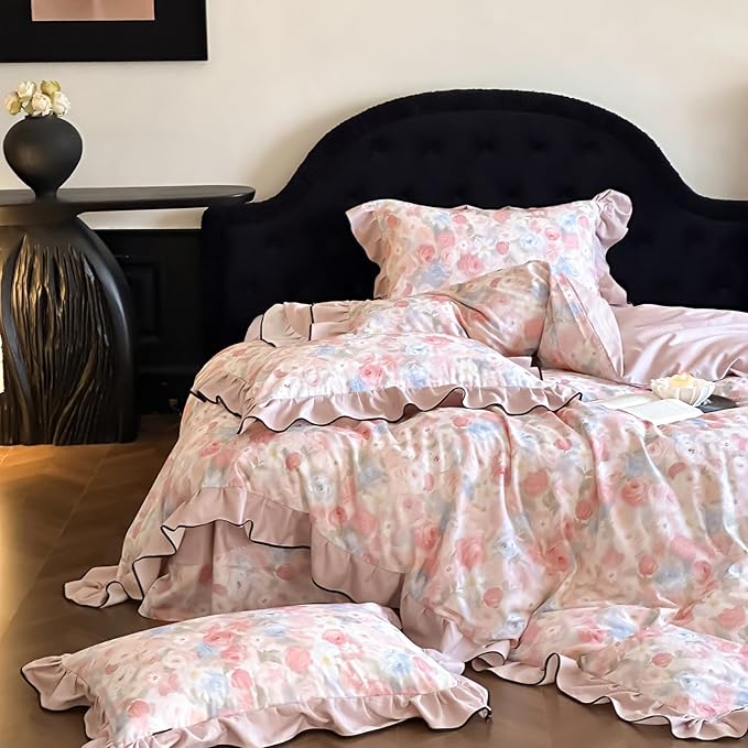 HighBuy Girl French Ruffle Duvet Cover Full Size,Coquette Ruffle Bedding Brushed Cotton Pink Rose Floral Comforter Cover Set for College,Farmhouse Chic Bedding Set Breathable