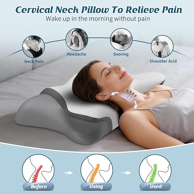 Cervical Neck Pillow for Pain Relief, Bed Pillows for Sleeping, Ergonomic Cooling Pillow, Orthopedic Contour Pillow for Side Back Stomach Sleepers,Neck Support Memory Foam Pillows (Grey&Darkgrey)