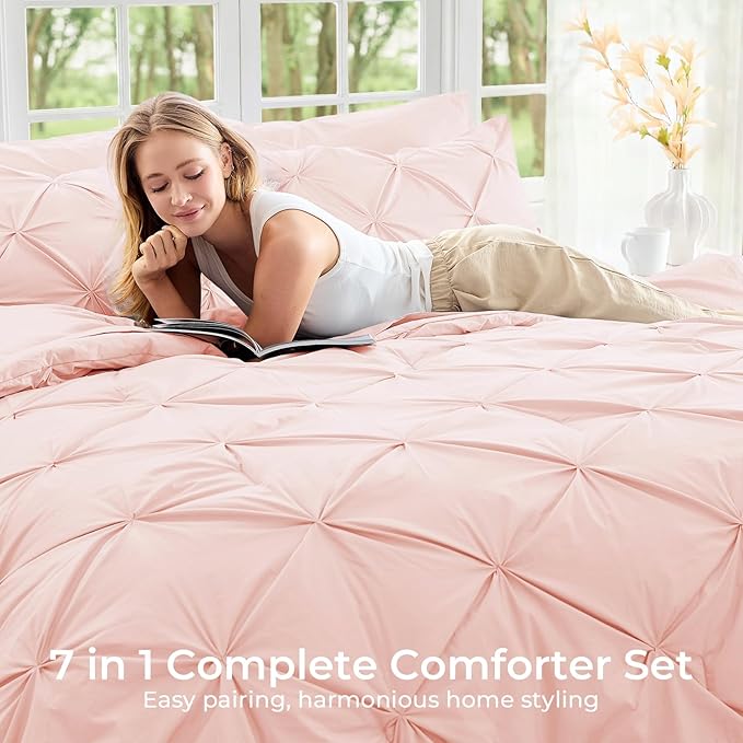 Sasttie King Size Comforter Set, 7-Piece Bed in a Bag, Pintuck Bedding Set for All Season, Includes Comforter, Flat Sheet, Fitted Sheet, Pillowcases and Pillowshams, Blush Pink