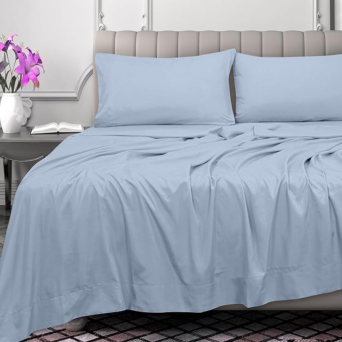 Royale Linens 300 Thread Count 100% Long Staple Combed Cotton Flat Sheet - Super Soft - Top Sheets - Full Flat Sheet Sold Separately - Breathable, Cool & Crisp Percale Sheets Only (Full, Lake Blue)