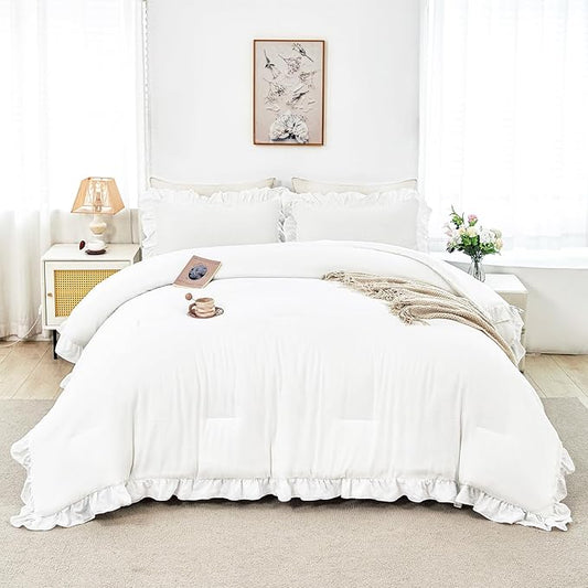 ANGIYUIN 5 Pieces White Full Size Bed in A Bag for Kids Girls Ruffle Bedding Sets Solid Ruffled Comforter Set Vintage Farmhouse Bedding Comforter Sets with Sheets(White Full)
