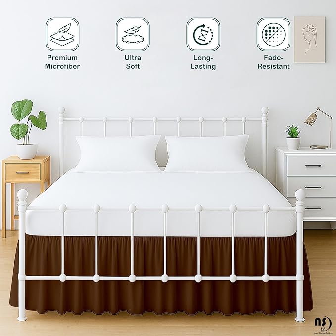Premium Microfiber Twin XL Ruffled Bed Skirt, 21” Drop with Split Corners, Soft Wrinkle Free Bedskirt with Platform, Solid Chocolate Dust Ruffle for 39" x 80" Mattress