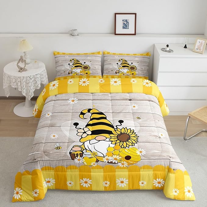Erosebridal Bee Gnome Comforter Set King, Sunflower Daisy Floral Bedding Set for Kids Boys Girls, Honeycomb Honey Can Duvet Set Home Room Decor, Yellow Farm Cartoon Soft Down Comforter 3 Pcs
