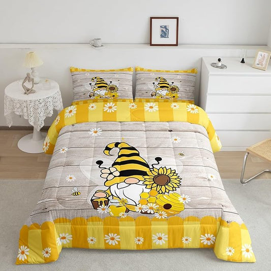 Erosebridal Bee Gnome Comforter Set King, Sunflower Daisy Floral Bedding Set for Kids Boys Girls, Honeycomb Honey Can Duvet Set Home Room Decor, Yellow Farm Cartoon Soft Down Comforter 3 Pcs