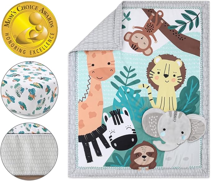 The Peanutshell 3 Piece Baby Crib Bedding Set for Boys & Girls - Newborn, Infant & Toddler Nursery Bed Set Decor with Fitted Crib Sheet, Dust Ruffle, Crib Comforter - Safari Adventures