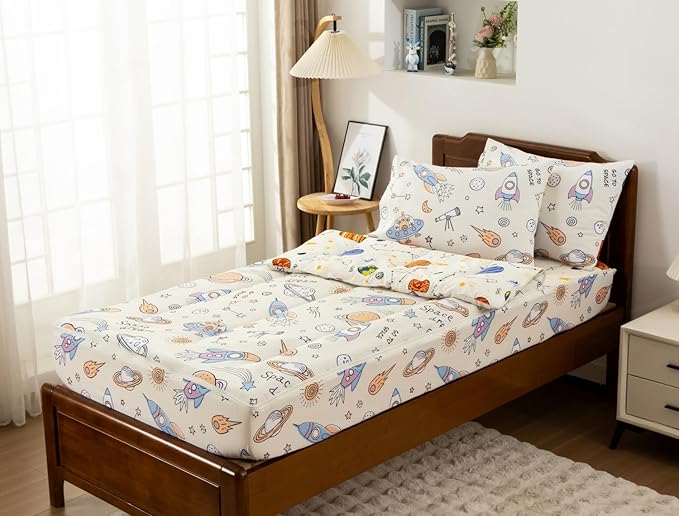 Meeting Story 3pcs Kids Comforter Set Zipper Bedding Set,Twin Space Bedding Set Comforter Set for Kid,All in one Zipper Bedding（Beige,Twin）