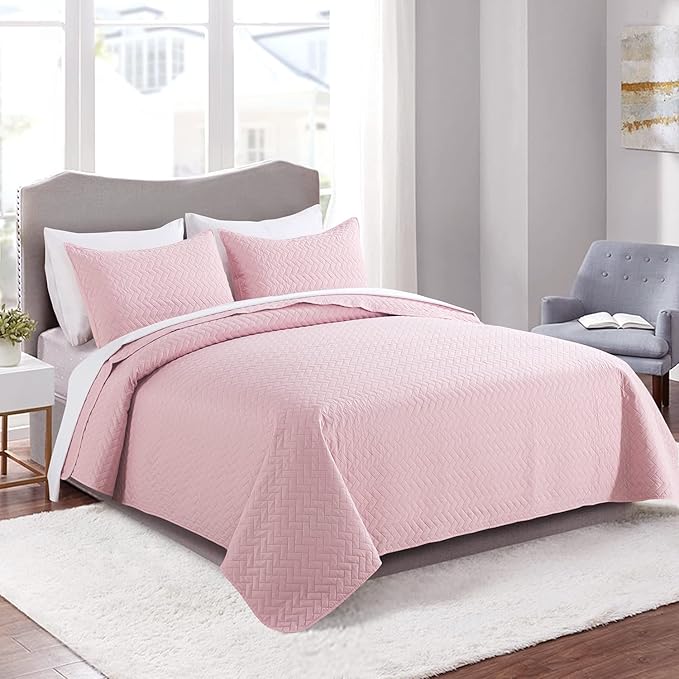 JML Quilts Set, Bedspread Coverlet Set with Pillowcases - 3 Piece Soft and Lightweight Bed Quilt for Spring, Autumn and Summer (Embossed Weave - Pink, King(92"x104"))
