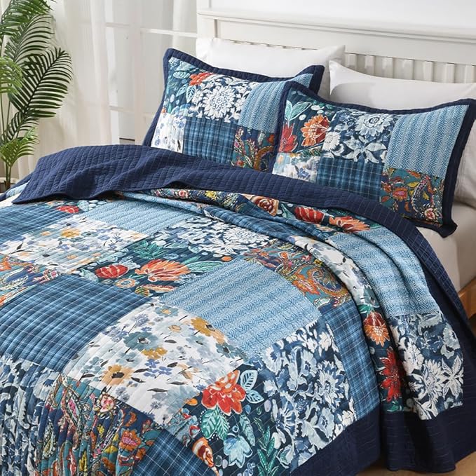 Autumn Dream Cotton Bedspread Quilt Sets Reversible Bedding Coverlet Sets, Luxury Vintage Paisley Floral Patchwork Blue Bedspread, Queen Size