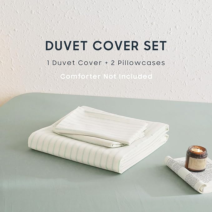 Wake In Cloud - Striped Cotton Duvet Cover Set, Ticking Stripe Vertical Pinstripe Farmhouse, 100% Washed Cotton Textured Percale Bedding Set, 3 Pieces, Aqua White, Full Size