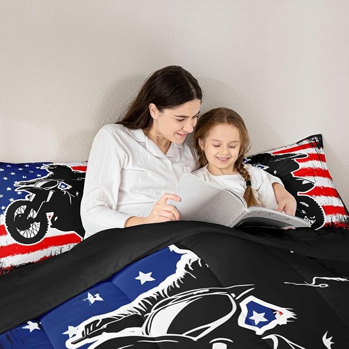 Dirt Bike Comforter Set Twin Motocross Comforter Retro American Flag Bedding Set for Kids Boys Teens Men Grunge Room Decor,Extreme Sports Tie Dye Bed Set Motor Biker Motorcycle Quilt Duvet Set 2 Pcs