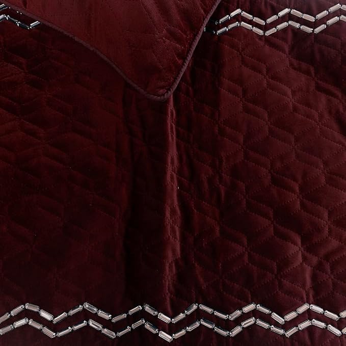 The HomeCentric King Queen Twin Deep Wine Handmade Full 68"x18" Bed Runner with 2 Pillow Cover, Quilted & Crystals Bed Scarf on Velvet Fabric - Diamond Symphony