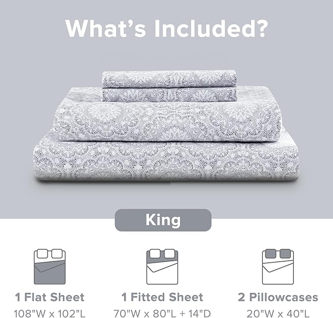 Comfort Spaces 100% Cotton Sheets King, Breathable, Naturally Cool Cotton Sheets, Soft Cotton Bed Sheets with 14" Elastic Pocket Fits up to 16" Mattress, All Seasons Sheet Set, Adelia Gray 4 Piece