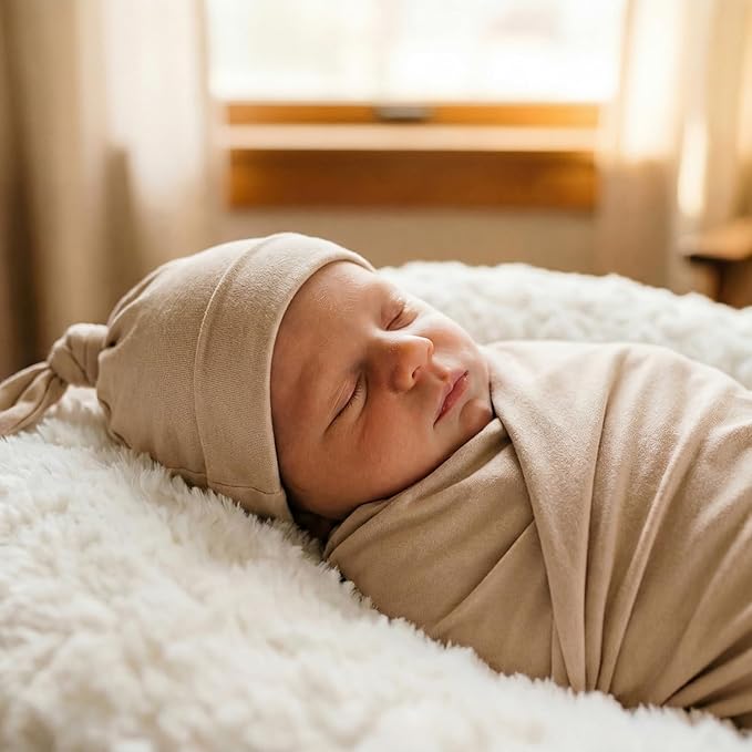 Large Jersey Knitted Swaddle Blanket for Baby, Soft Stretchy Receiving Blanket for Newborns with Hat, Baby Nursery Swaddle 47 x 47 inches(Muted Fawn)