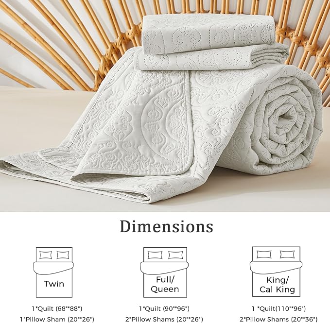 WURUIBO Cream Quilt Set Queen Size, Embossing Microfiber Full Bedspreads with Pillow Sham, Ligthweight Breathable Thin Coverlet, Reversible Bedding Set for All Season (1 Quilt, 2 Pillow Shams)