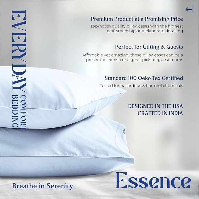 Mayfair Linen 100% Organic Cotton Percale Pillow Cases Standard/Queen Size Set of 2 - Percale Pillowcases Standard/Queen, Soft Cooling Pillow Cases for Sleeping, Cotton Pillowcovers - Light Blue