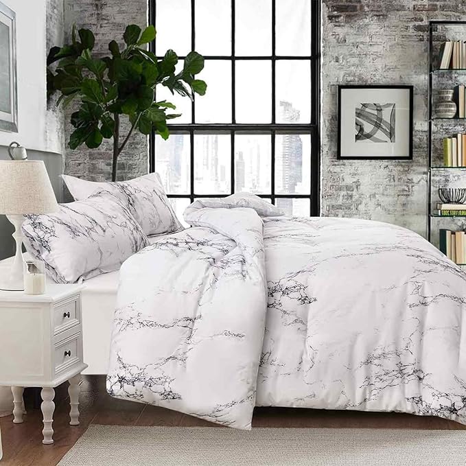 Nanko King Bedding Duvet Cover Set White and Black Marble Printed 3 Piece - 1000 -TC Luxury Microfiber Down Comforter Quilt Covers with Zipper Closure, Ties - Organic Modern Style for Men and Women