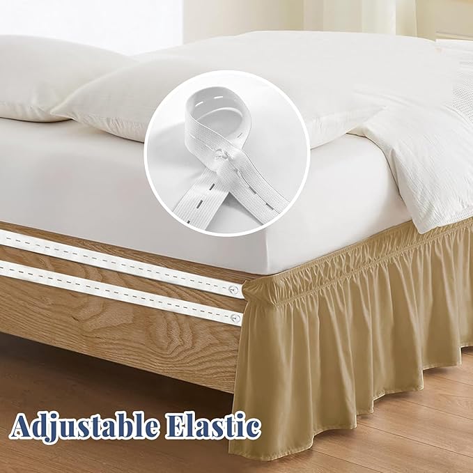 King Bed Skirt, Elastic Wrap Around Bed Skirt King Size, Bed Skirts for Adjustable Bed, Easy Fit with 14" Drop Length Tailored Drop Dust Ruffle (Beige)