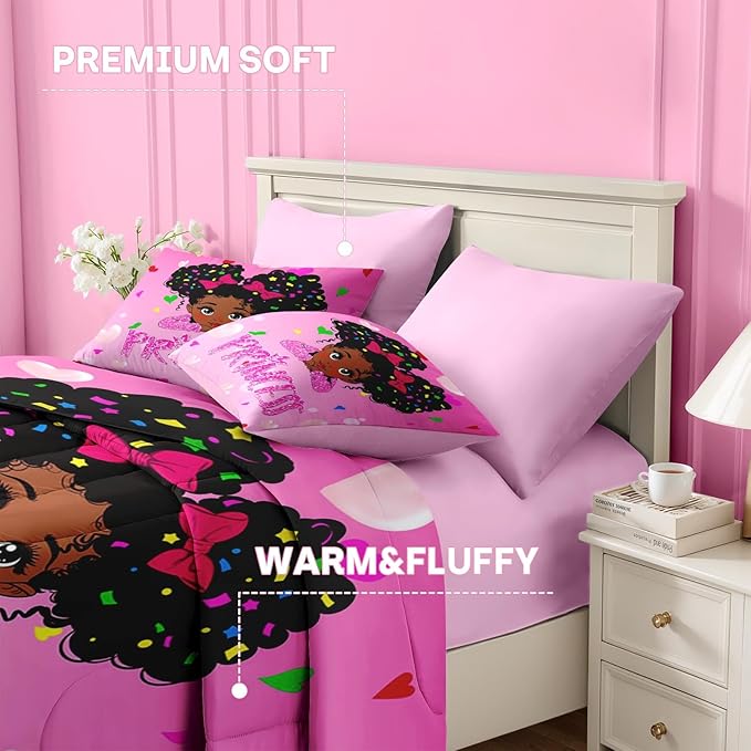 Nesker 5 Pcs Comforter Set Twin Size, Pink Princess Bedding for Kids Teen, Cute Fairy Fantasy Girl Bed Sheet with Pillowcase & Sham