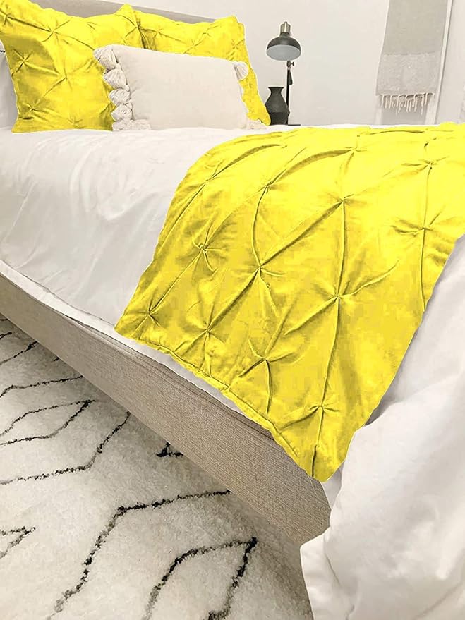 Bed Runner Set - 100% Pure Cotton 800 Thread Count - Luxury 1 Pinch Pleated Bed Runner and 4 Pillow Cover - 5 Piece Pinch Pleated Bed Runner Set Twin, Yellow