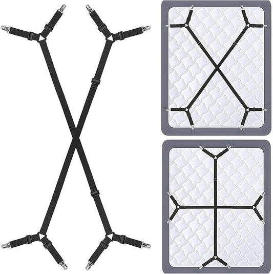 Bed Sheet Straps, Adjustable Durable Bed Sheet Holder Straps with Metal Clips, Elastic Sheet Holders Keep Sheets Firm & Tight 2PCS Black