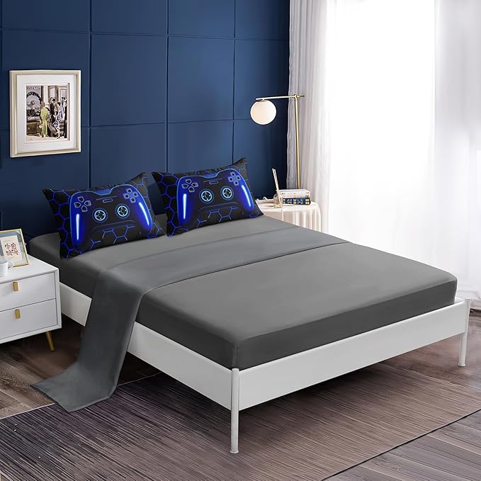 5 Pieces Bed in a Bag for Boys Bedding Sets Twin Size,Gamer Comforter Sets for Boys Kids, Gaming Comforter Set for Room Decor with Flat Sheet,Fitted Sheet,Pillowcase,Cushion Cover