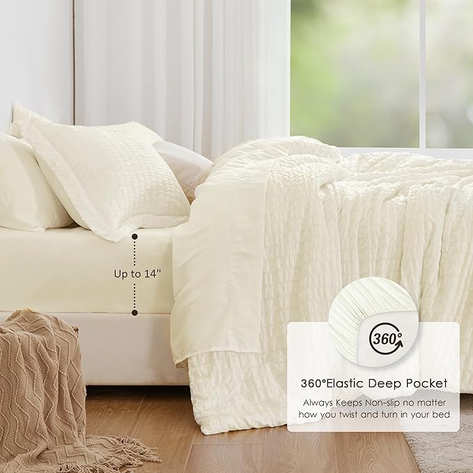 Love's cabin Seersucker Ivory California King Comforter Set, 7-Piece All Season Lightweight Bed in a Bag Bedding Set with Comforter, Flat Sheet, Fitted Sheet, Pillowcases and Shams | Soft, Breathable, Lightweight