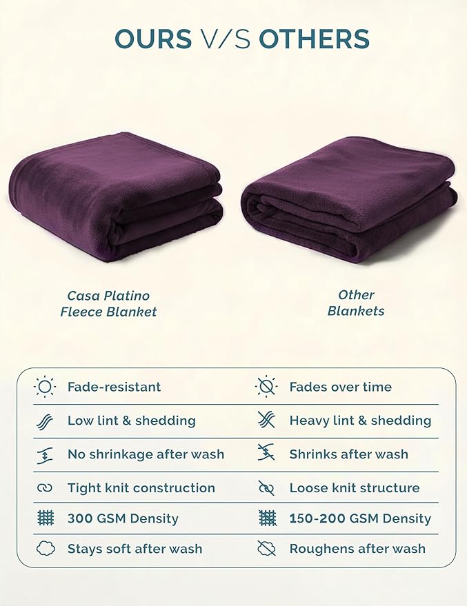 Casa Platino Fleece Blanket Queen Size – 300 GSM Purple Fleece Throw for Bed or Couch – Soft Cozy Warm Holiday Winter Blanket for Bed, Fuzzy Plush Elegant Gifts for Men & Women - 90x90 Inch