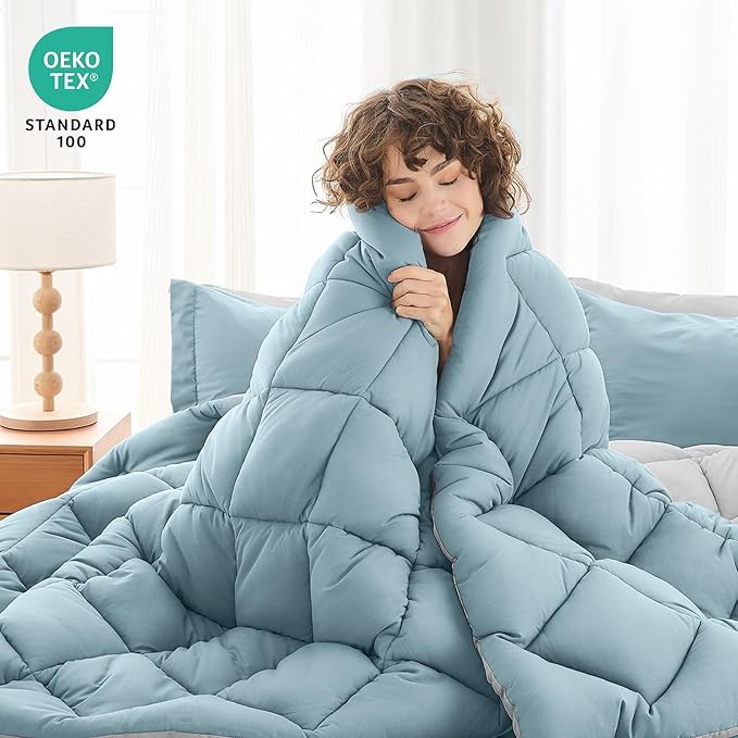 MUXHOMO 7 Pieces King Comforter Set, Reversible Bed in a Bag King Size, All Season Bedding Set with Comforter, Flat Sheet, Fitted Sheet, Pillowcases & Shams, Greyish Blue & Light Grey