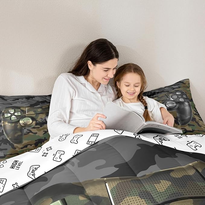 Kids Gamer Comforter Set Camouflage Gaming Bedding Set for Boys Teens Bedroom Green Black Camo Video Game Decor Comforter Gamer Console Quilt Set Full Size Duvet Quilted 3Pcs