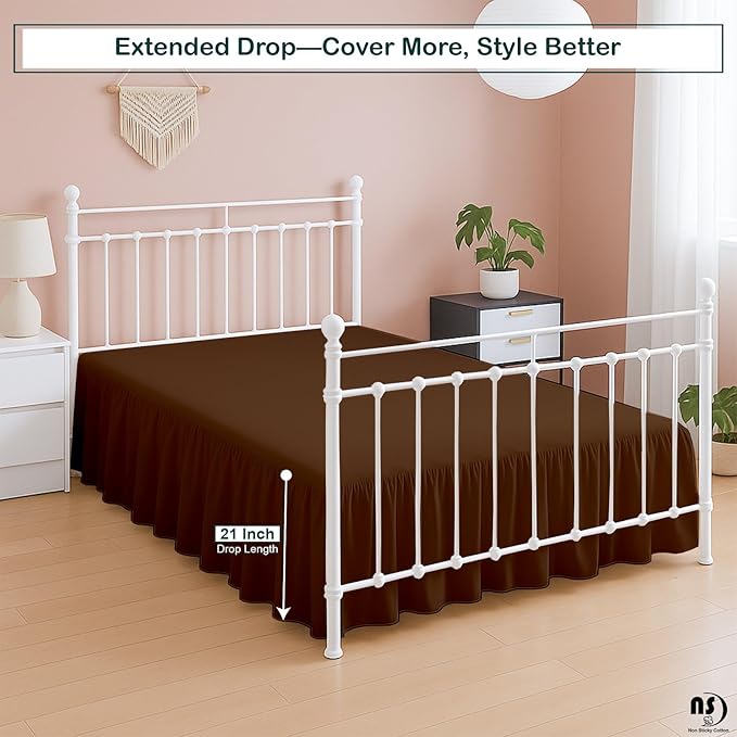Premium Microfiber Twin XL Ruffled Bed Skirt, 21” Drop with Split Corners, Soft Wrinkle Free Bedskirt with Platform, Solid Chocolate Dust Ruffle for 39" x 80" Mattress