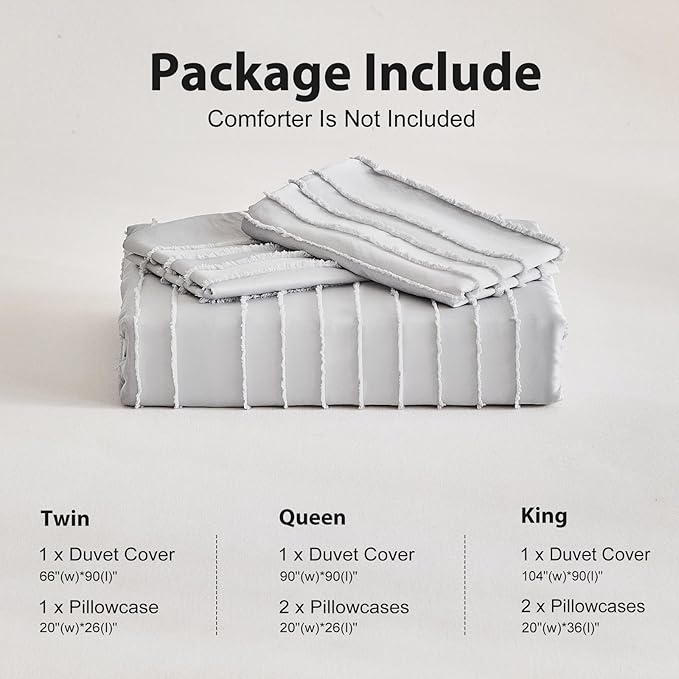 WARMDERN Light Grey Tufted Duvet Cover Set Queen Size, Striped Textured Duvet Cover Boho Bedding Set, 3 Pcs Ultra Soft Washed Microfiber Duvet Cover with Zipper Closure (Queen, Light Grey)