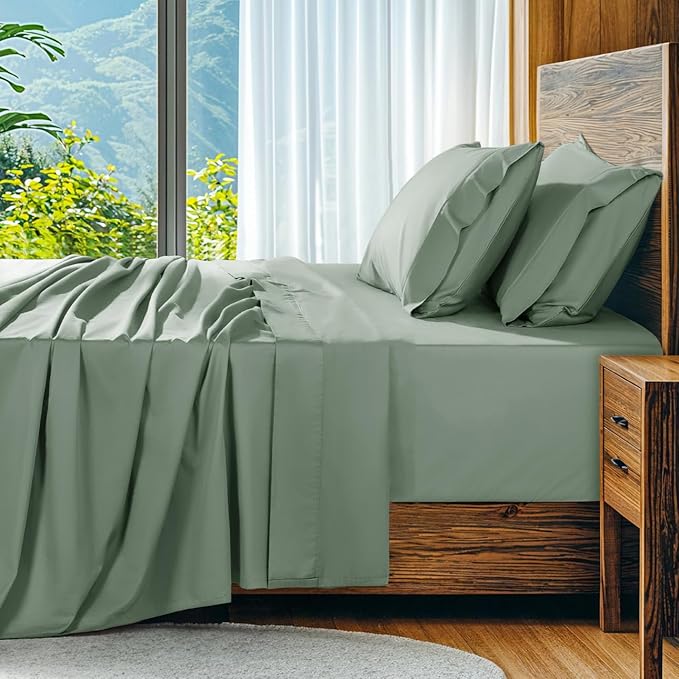 SONORO KATE 100% Egyptian Cotton Sheets Set, Extra Deep Pocket up to 18"-24",1000 High Thread Count, Soft & Breathable 5-Star Hotel Sateen Bed Sheets - 4 PC (Sea Glass,Queen)