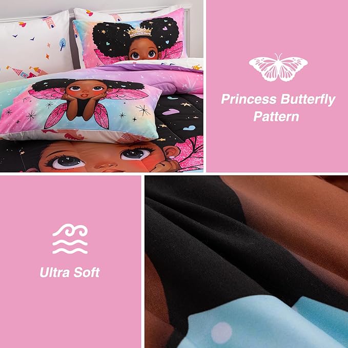 A Nice Night Black Girl Princess with Wings Comforter Set,Pink Gradient Glitter Rainbow Galaxy 6pcs Kids Bedding Set,Queen