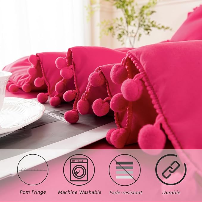 PERFEMET Hot Pink Bedding Full Set 5 Piece Bed in a Bag Boho Pom Pom Bedding Comforter Set with Sheets Soft Fluffy Solid Bed Sets for Girls Kids Women(Hot Pink, Full)