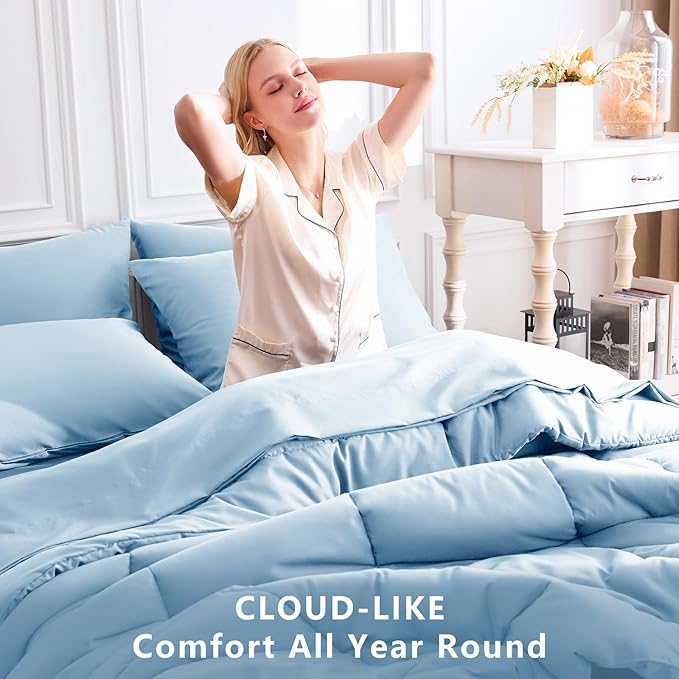 CozyLux Queen Size Comforter Sets Baby Blue, 7 Pieces Bed in a Bag, Blue Comforter Queen Size, All Season Bedding Sets with Stitch Quilted Comforter, Flat Sheet, Fitted Sheet, Pillowcases