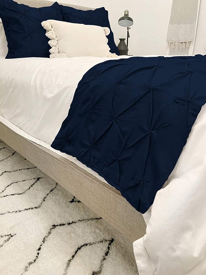 Bed Runner Set - 100% Pure Cotton 800 Thread Count - Luxury 1 Pinch Pleated Bed Runner and 2 Pillow Cover - 3 Piece Pinch Pleated Bed Runner Set Queen, Navy Blue