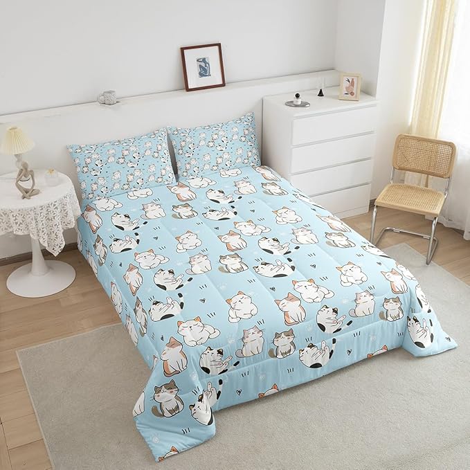 Erosebridal Cat Duvet Insert Queen, Kawaii Garfield Cat Bedding Set for Kids Boys Girls, Paw Print Love Heart Comforter Set, Cartoon Animals Soft Quilt 3 Pieces, Blue