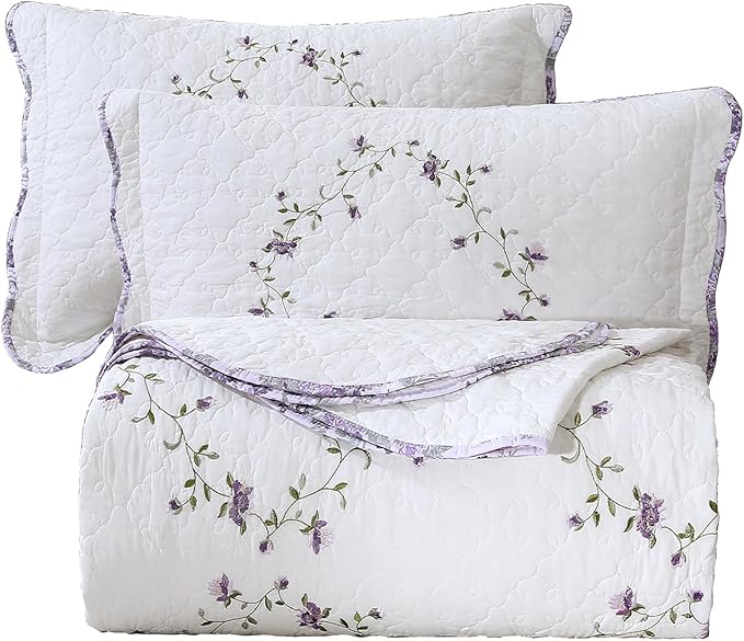 vctops 3-Piece Elegant Floral Embroidered Bedspread Coverlet Set Oversize Queen 100% Cotton Reversible Patchwork 1 Quilt and 2 Pillow Shams (Purple,Oversize Queen)