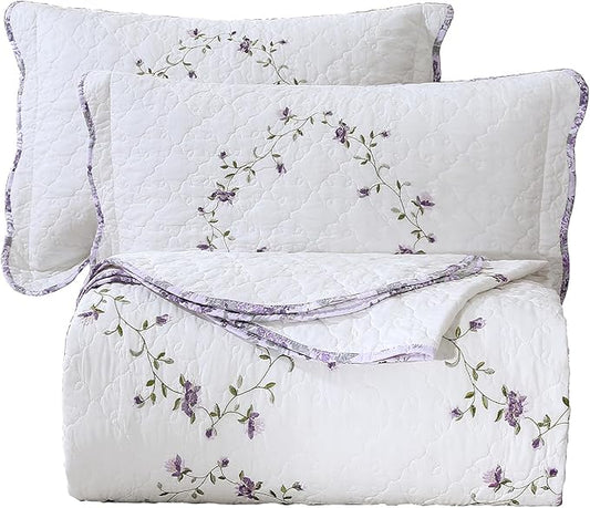 vctops 3-Piece Elegant Floral Embroidered Bedspread Coverlet Set Twin Size 100% Cotton Reversible Patchwork 1 Quilt and 2 Pillow Shams (Purple,Twin)