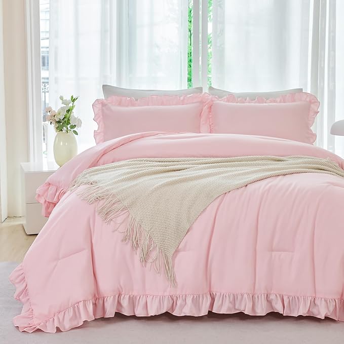 ANGIYUIN Pink Girls Comforter Sets Full Size 5 Pieces Shabby Chic Ruffle Kids Bed in A Bag with Sheets Farmhouse Soft Fluffy Bedding Comforter Sets with Pillowcases(Pink Full)
