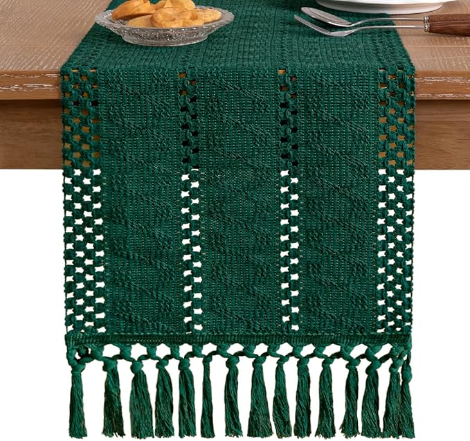 Socomi Boho Table Runner Macrame Valentine's Day Farmhouse Woven Cotton Linen Rustic Coffee Table Runner with Tassels for Dresser Scarf Home Decor Dining Room 12x90 inch Emerald Green
